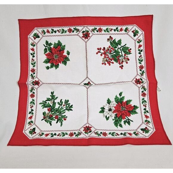 Vtg Sunweave Linen Set Of 2 Pointsettia Holly Berries Christmas 17" Napkins - Picture 2 of 7